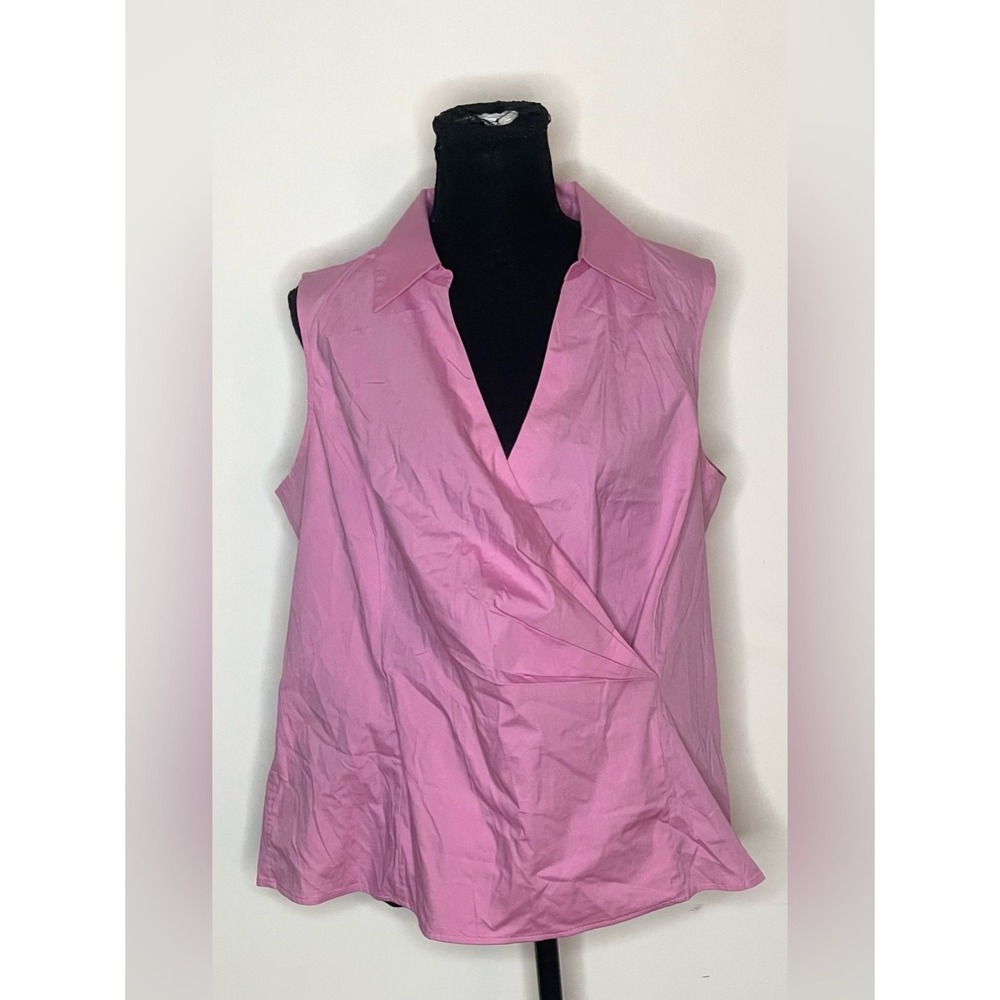 Talbots Woman Petites Pink Sleeveless Surplice Wrap Poplin Top 14WP Side‎ Zip - Picture 2 of 8